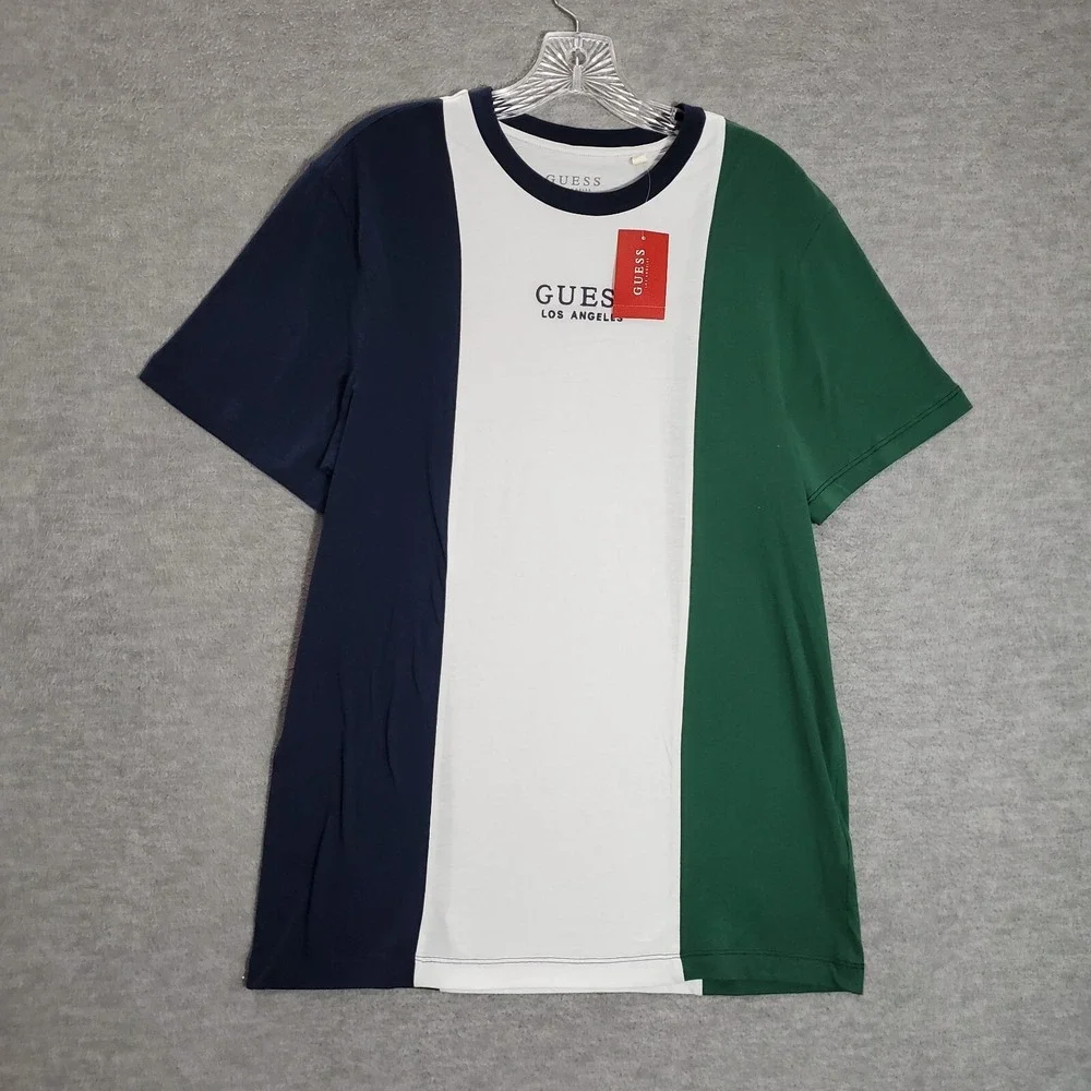 Guess Men Shirt Large Green Colorblock Logo Embroidered Short Sleeve NWT - Picture 1 of 11